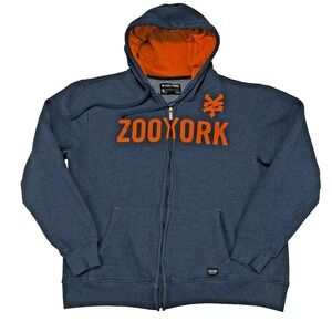 Zoo York Mens Full Zip Hoodie Orange Logo Heather Blue Fleece Lined Hood XL 49"
